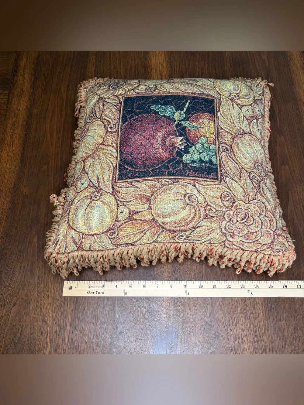 Vtg Riddle Home Tapestry Fruit Throw Pillow Fringes Woven Pat Campbell Weavetec